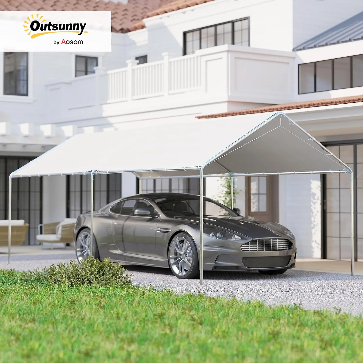 10x20FT Heavy Duty Galvanized Carport, Outdoor Car Canopy with Anchor Kit & 3 Reinforced Steel Cables, Party Tent, White