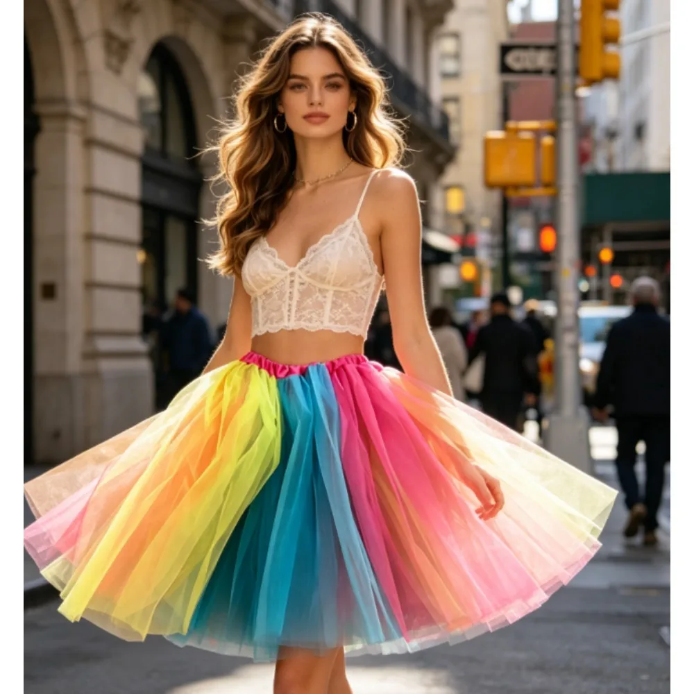 PESENAR  Rainbow Patchwork Tulle Tutu Skirt, Multi-Layer Puffy Skirt for Pride Month & Party Performances
