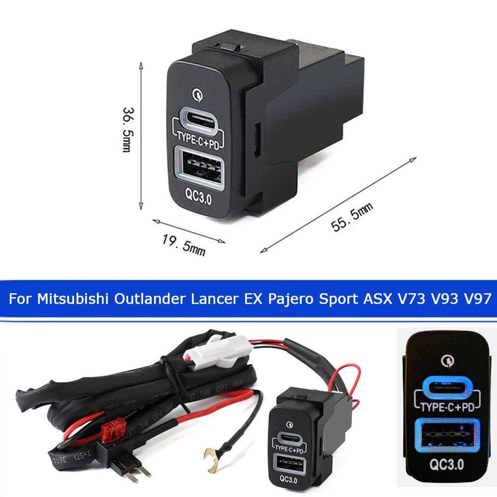 Car USB Charger PD Quick Charge QC3.0 Phone Charging Adapter Outlet Button For Mitsubishi Outlander LANCER Pajero V73V93V97