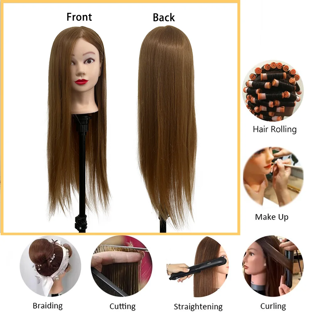 Cabeça de manequim marrom para treinamento, 22 polegadas, 80% cabelo humano real, prática capilar, boneca de trançar e styling