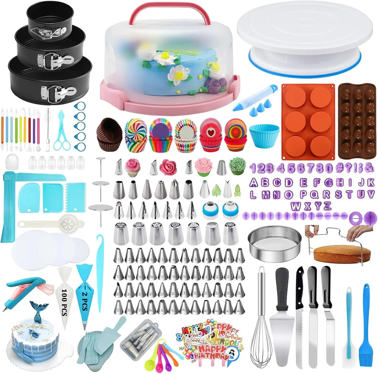 

678 PCS Cake Decorating Kit with Cake Carrier,piping bags and tips,3 Springform Pans & Turntable|Baking Supplies Set