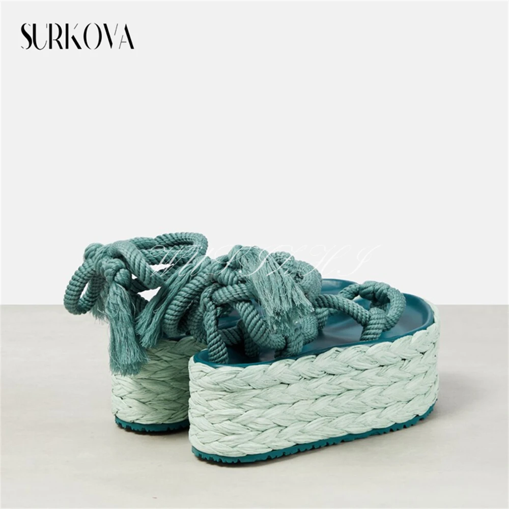 Solid Color Woven Straps Espadrilles Flat Platform Ladies Shoes Boho Flip Flops Sandals Women\'s Summer Fashion Vacation Sandals