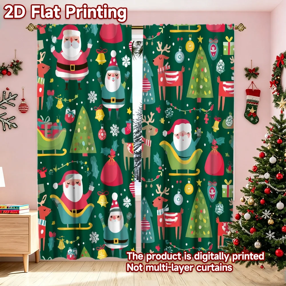 2D flat printing 2pcs Trend Christmas Curtains Christmas Santa and Reindeer(11) Durable polyester fiber Family Party Decoration
