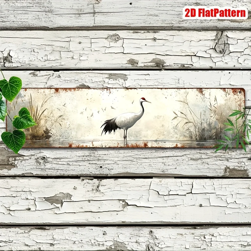 1pc Vintage Oil Painting Style Red-Crowned Crane Riverside Metal Sign - 3.94X15.74 Inch Rustic Wall Art for Home, Kitchen