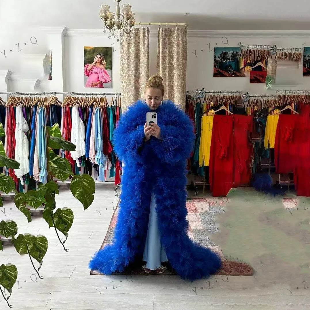 Fofo babados em camadas tule casaco feminino roupa frente aberta longo robe azul real tule longo jaqueta feminina mangas completas maxi vestido