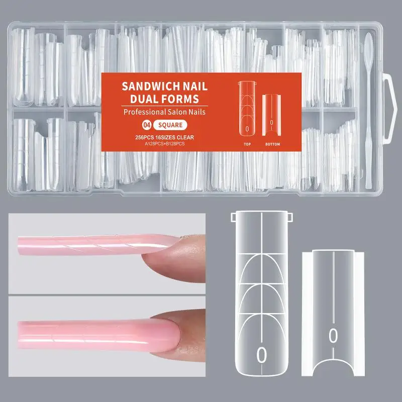 HOT! 256pcs Sandwich Dual Nail Mode For Nail Extension Almond Coffin 16 Size Reusable Top Bottom Forms Nail Art Extension Tools