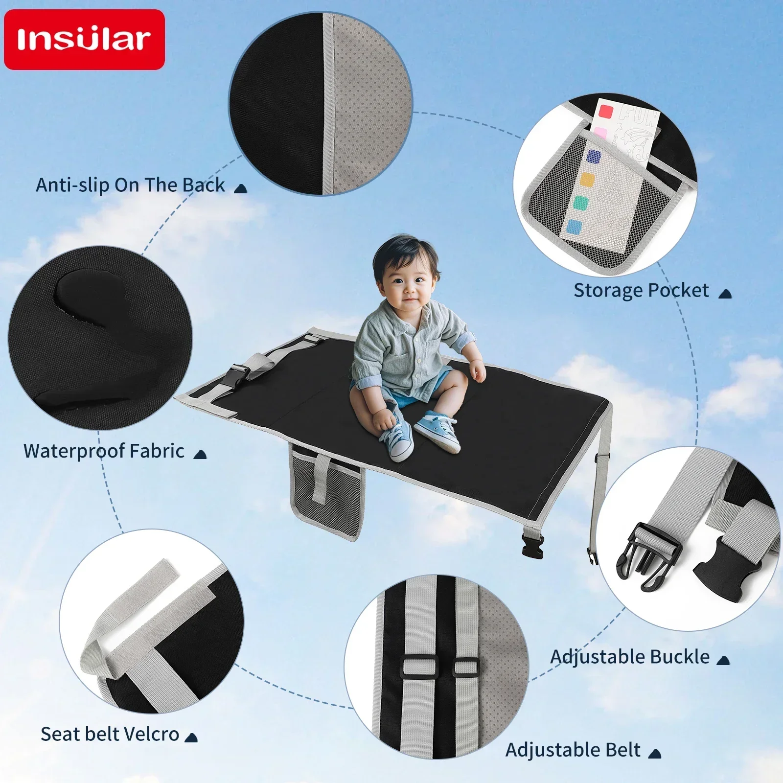 INSULAR Seat Extend Pad Portable Kids Airplane Seat Extender Cushion Child Hammock Travel Bed Foldable Footrest Multi-functional