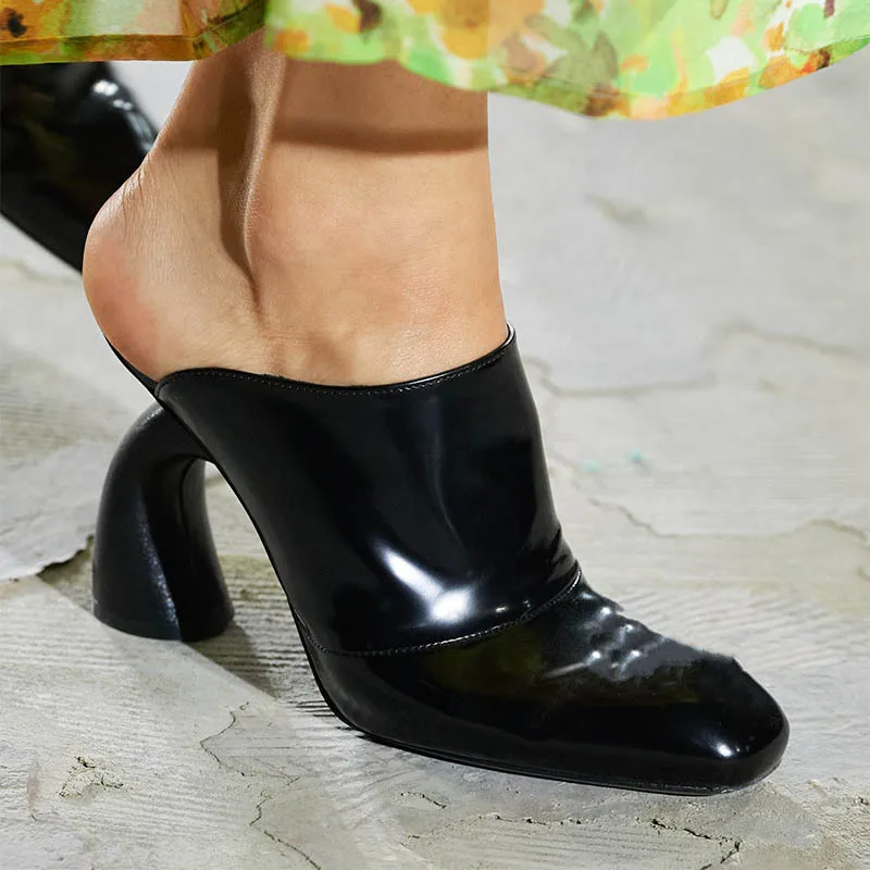 Women's Black Patent Leather Mules Square Toe Chunky High Heel Backless Shoes Slip - On Party Daily Unique Sculpted Heel Pumps