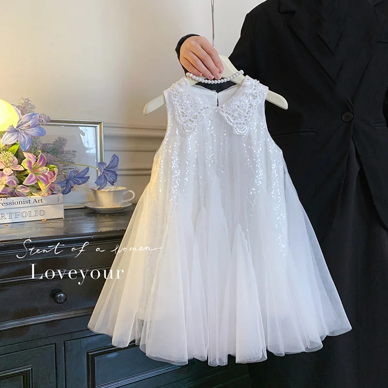 2026 New Girls' Korean Dress Girls' Sleeveless Turn-down Collar Sequin Mesh Dress Children's Princess Dress