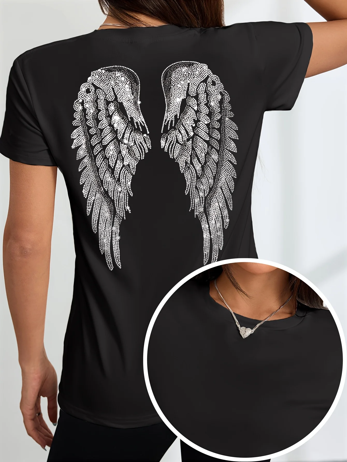 

Женская черная футболка с блестящим принтом крыльев ангела — повседневный топ с короткими рукавами, весенне-летняя мода, круглый вырез, легкий вес