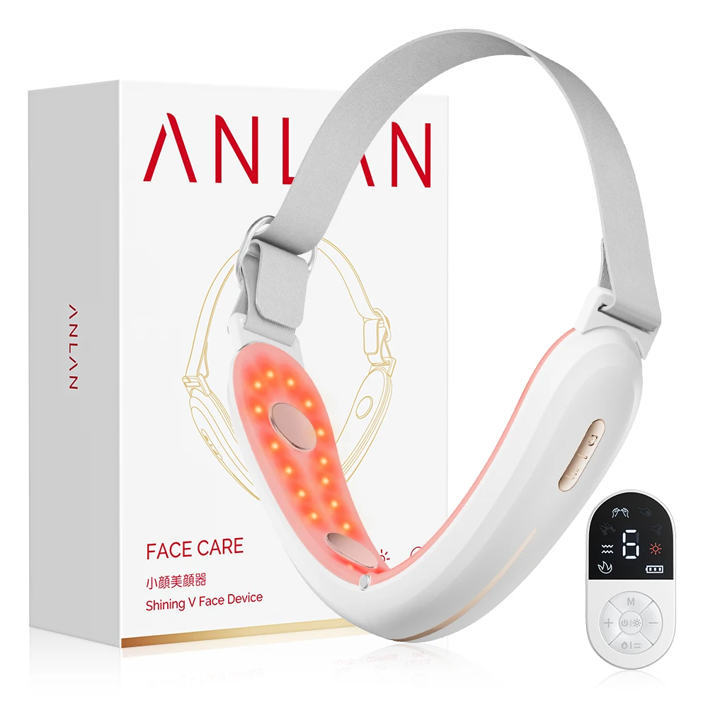 ANLAN V-Face Shaping Massager, Doppelkinn Entferner 9 Intensitätsstufen 4 EMS Modi Blau Rotlichtlampe Gesicht Gesichtsmassagegerät Gegen Falten 42°C Face Massager mit Fernbedienung, Typ-C