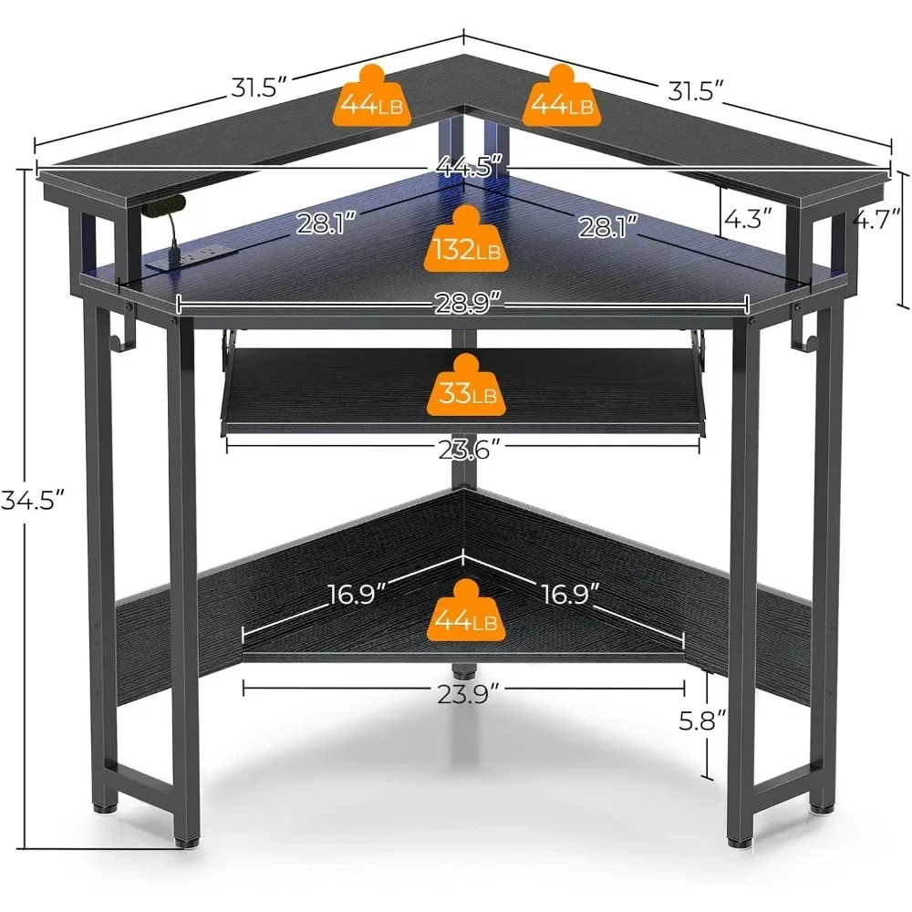 Corner Desk,Small Computer Desk with Power Outlets, Gaming Desk with LED Lights, Triangle corner desk with Keyboard