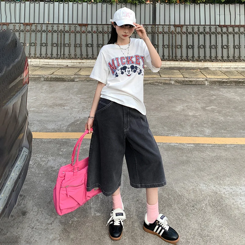 

2025Popular American Retro Loose Wide-Leg Pants Cropped Pants Casual Shorts All-Matching Hip Hop Straight Jeans for Women