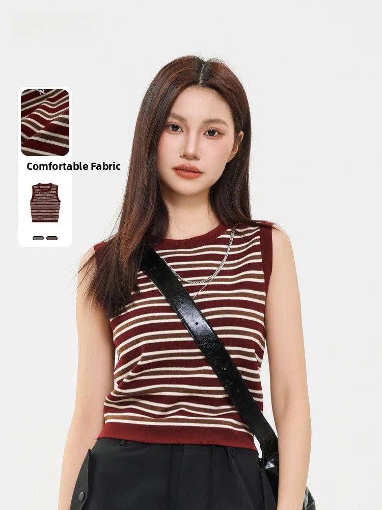 

Red Striped Knitted Vest round Ne Svel Top Memory's Start Summer New Sle Commute Faion Korean Version Basic Model