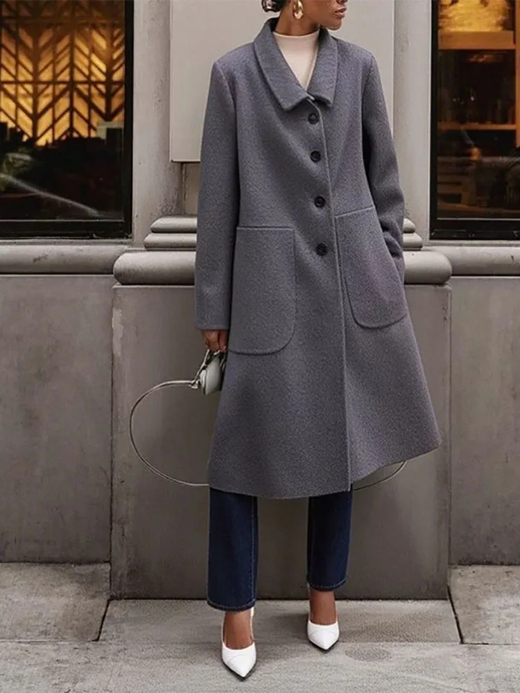 Cappotto elegante stile pendolare OL Cappotto da donna con bottoni bavero alla moda Giacca spessa di media lunghezza Cappotto casual con tasca in tinta unita a maniche lunghe