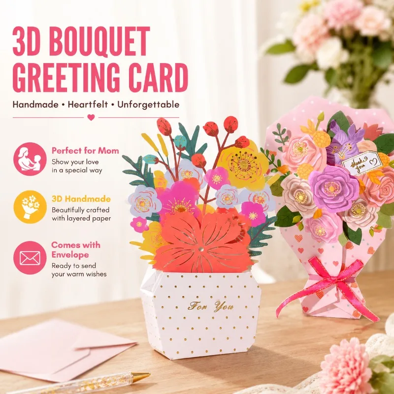 

3D Hand-painted Floral Greeting Cards Style Blessing Notes for Mother’s Day Birthday Delicate Pop-up Design Thank You Message