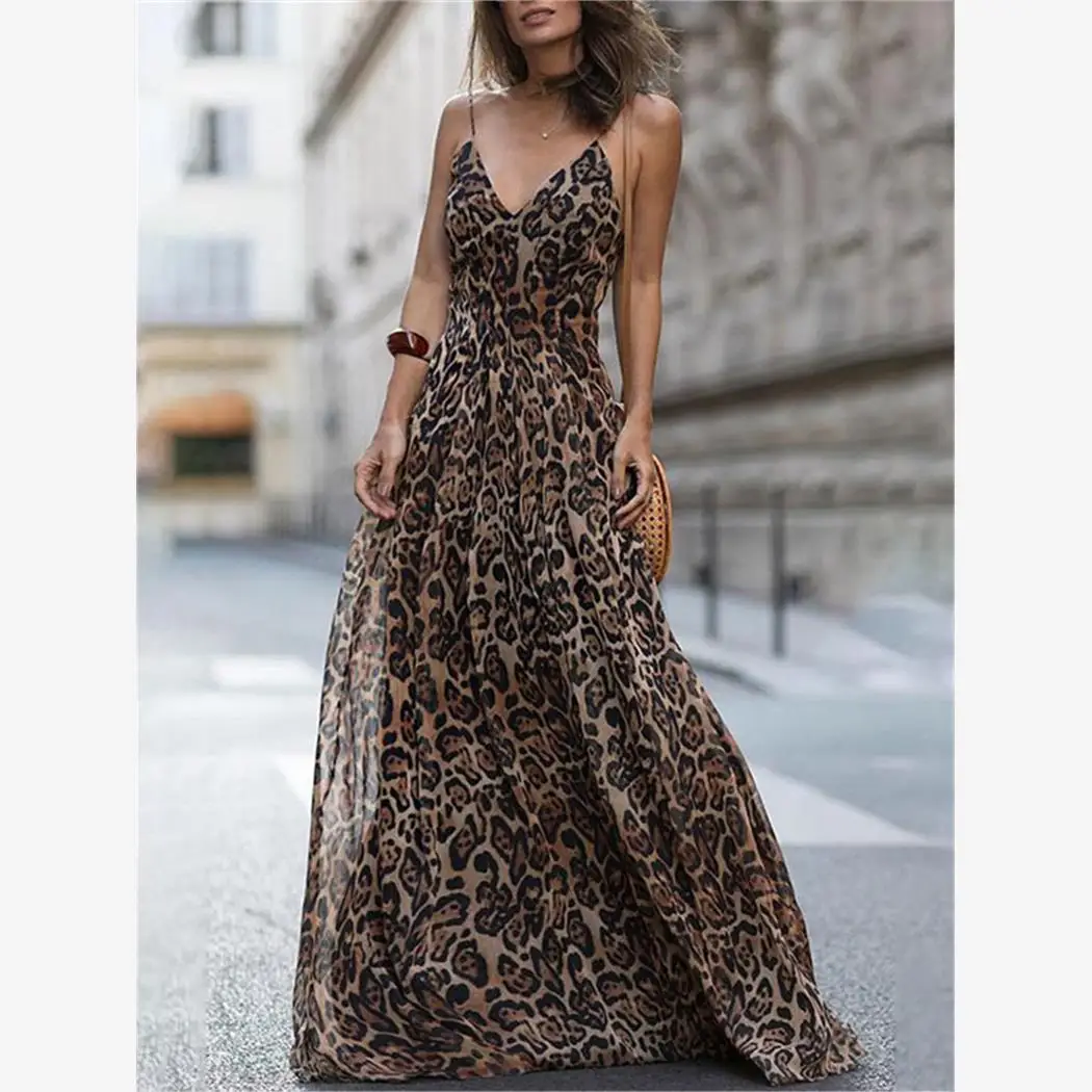 فستان أنيق بطبعة الفهد برقبة على شكل V وبدون حمالات، تنورة طويلة مثيرة، فستان ميدي عصري بأسلوب الشارع، مصنوع من القطن والشيفون