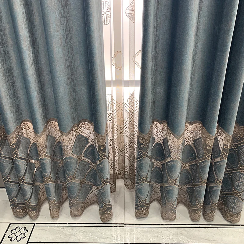 New Chinese Hollowed Out Embroidered Screen Blue-green Velvet Curtains for Living Room Bedroom French Window Study Customization