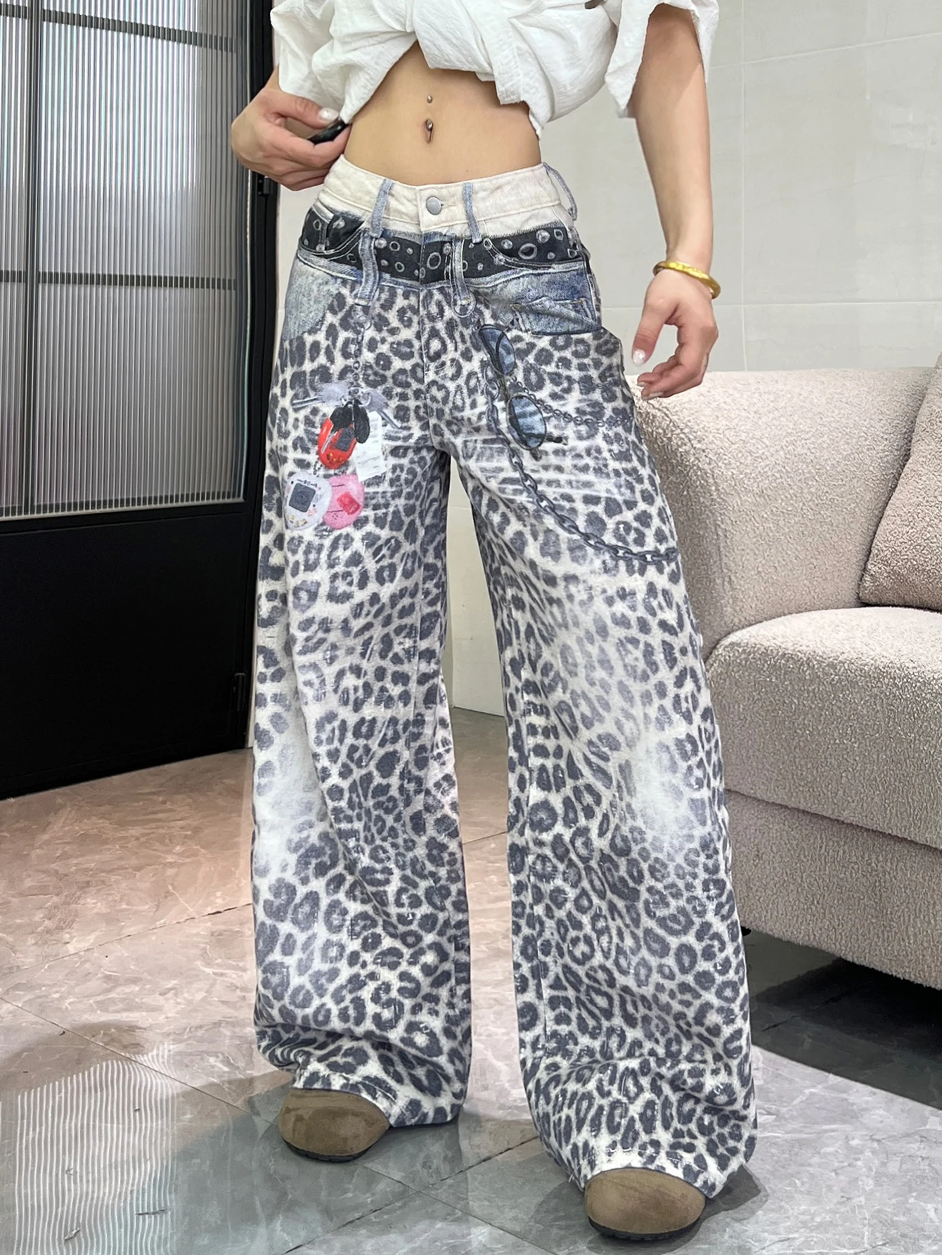 1PC Vintage Leopard Print High-Waist Loose Women's Jeans, Fashionable Design, Street Style Casual Versatile Wide-Leg Pants