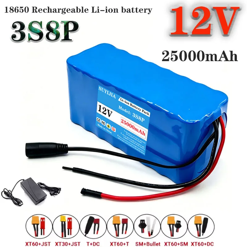

18650 3S8P 12V 25Ah lithium-ion battery pack 12V 25000mAh DC12.6V large capacity rechargeable battery with BMS + charger