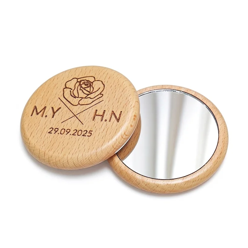 Personalized Beech Wood Compact Mirror for Wedding Party Favors, Engrave Name Wooden Round Pocket Mirror-Bridesmaid Gift