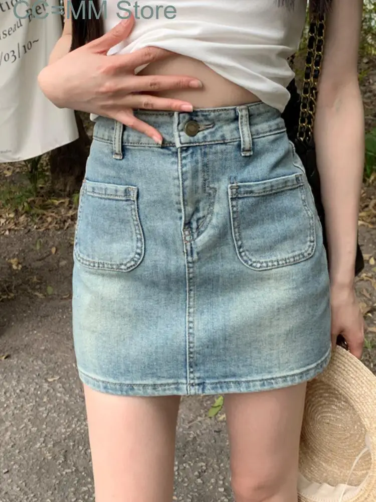 New Bule Vintage Fashion Denim Skirt Women Bodycon Casual Party Mini Skirt Female Pockets Korean Style Elegant Skirt