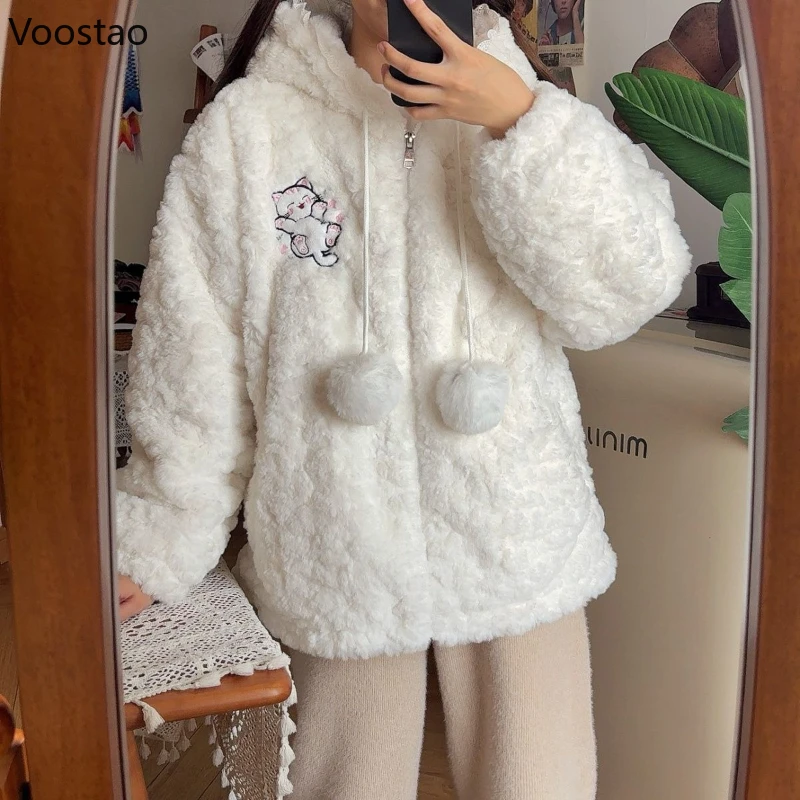Autumn Winter Kawaii Lolita Style Plush Coat Women Sweet Embroidery Cat Ears Hooded Jacket Girls Harajuku Cute Faux Fur Overcoat