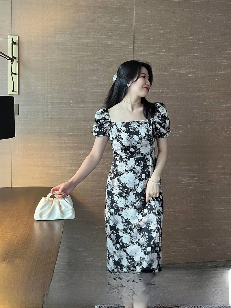 

plus Size Spring Summer Vintage Floral Print Slim Fit Chiffon Dress Square Collar Bubble Sleeve High Waist A-Line Skirt