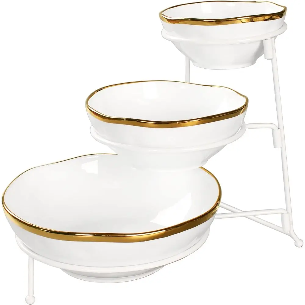 

3-х уровневые сервировочные миски со складной белой стойкой и мисками с золотым окантовкой 5,4 дюйма/6,8 дюйма/8,8 дюйма, для витрины пищевых продуктов, Delicatessen, фруктов,