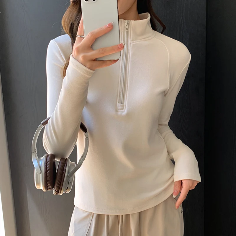 

Autumn Winter Zipper Up Pullovers Women Fashion Long Sleeve Turtleneck Sweatshirt Woman All Match Bottom Warm Pullovers Female