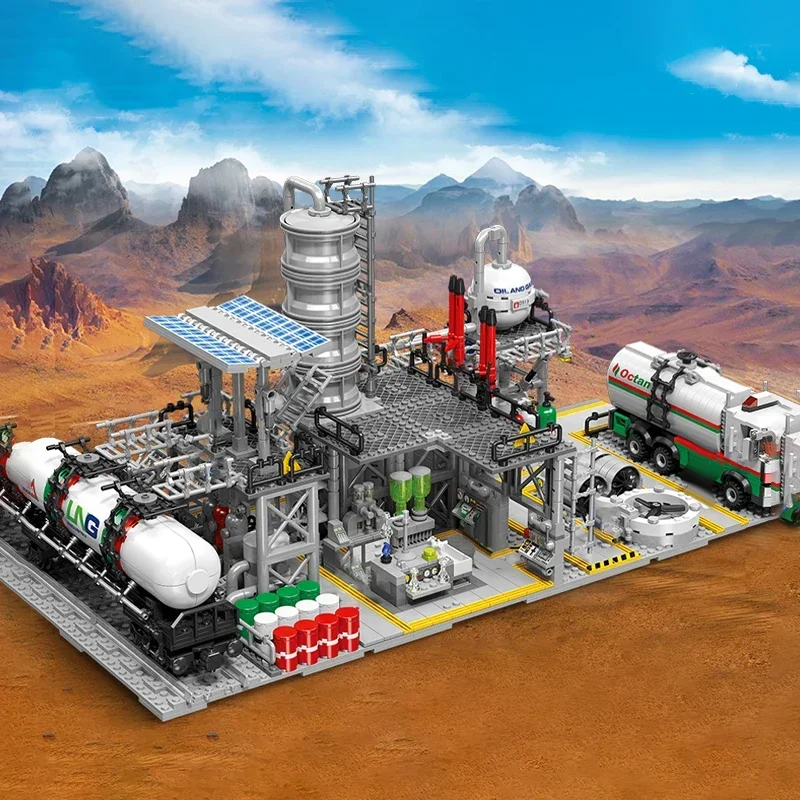 Cidade rua vista blocos de construção centro armazenamento gás natural estação transporte laboratório 3 em 1 montagem modelo tijolos crianças brinquedos