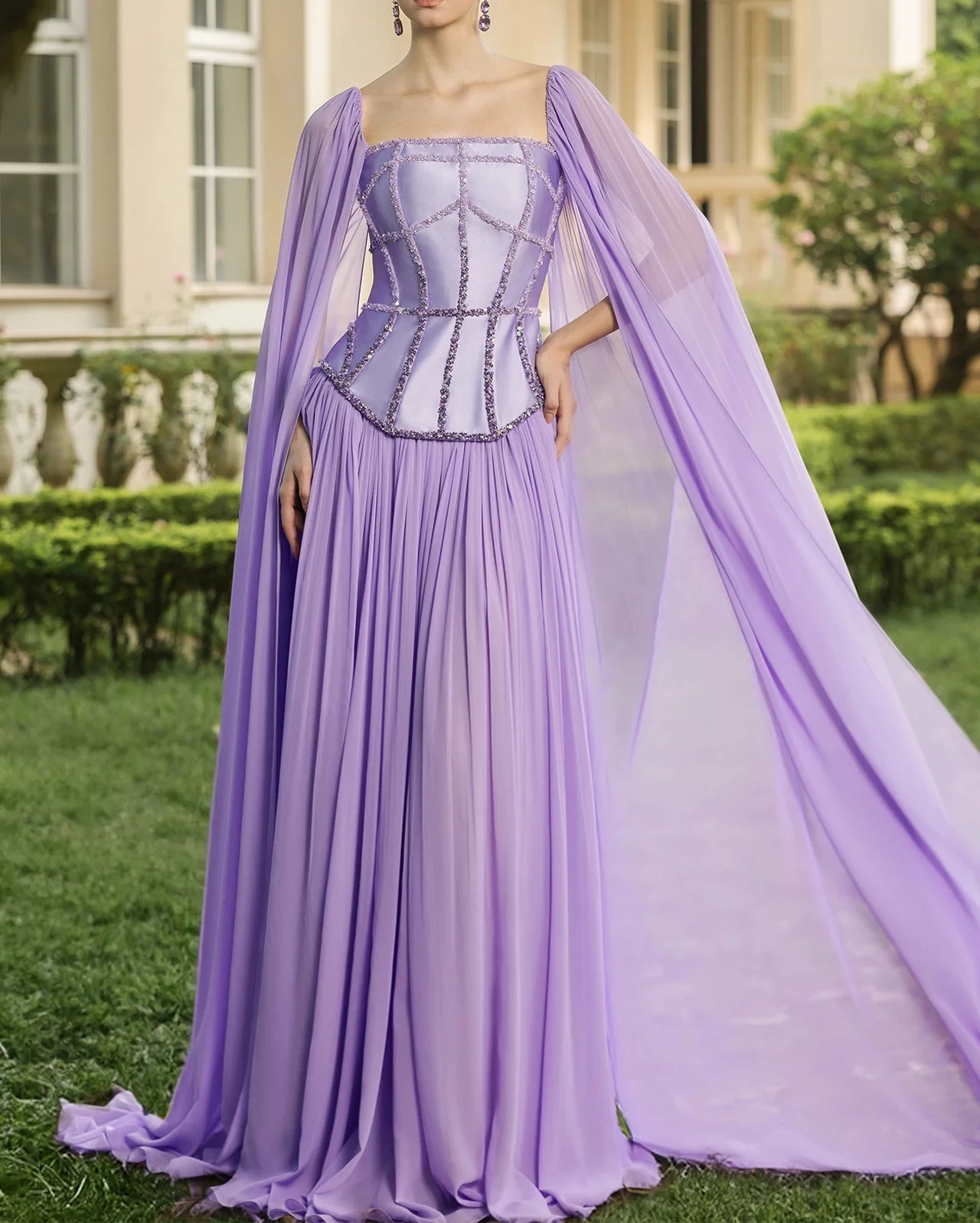 

Luxurious Prom Dresses with Cape Sleeve for Women Elegant Formal Evening Gowns A-Line Wedding Guest Dress