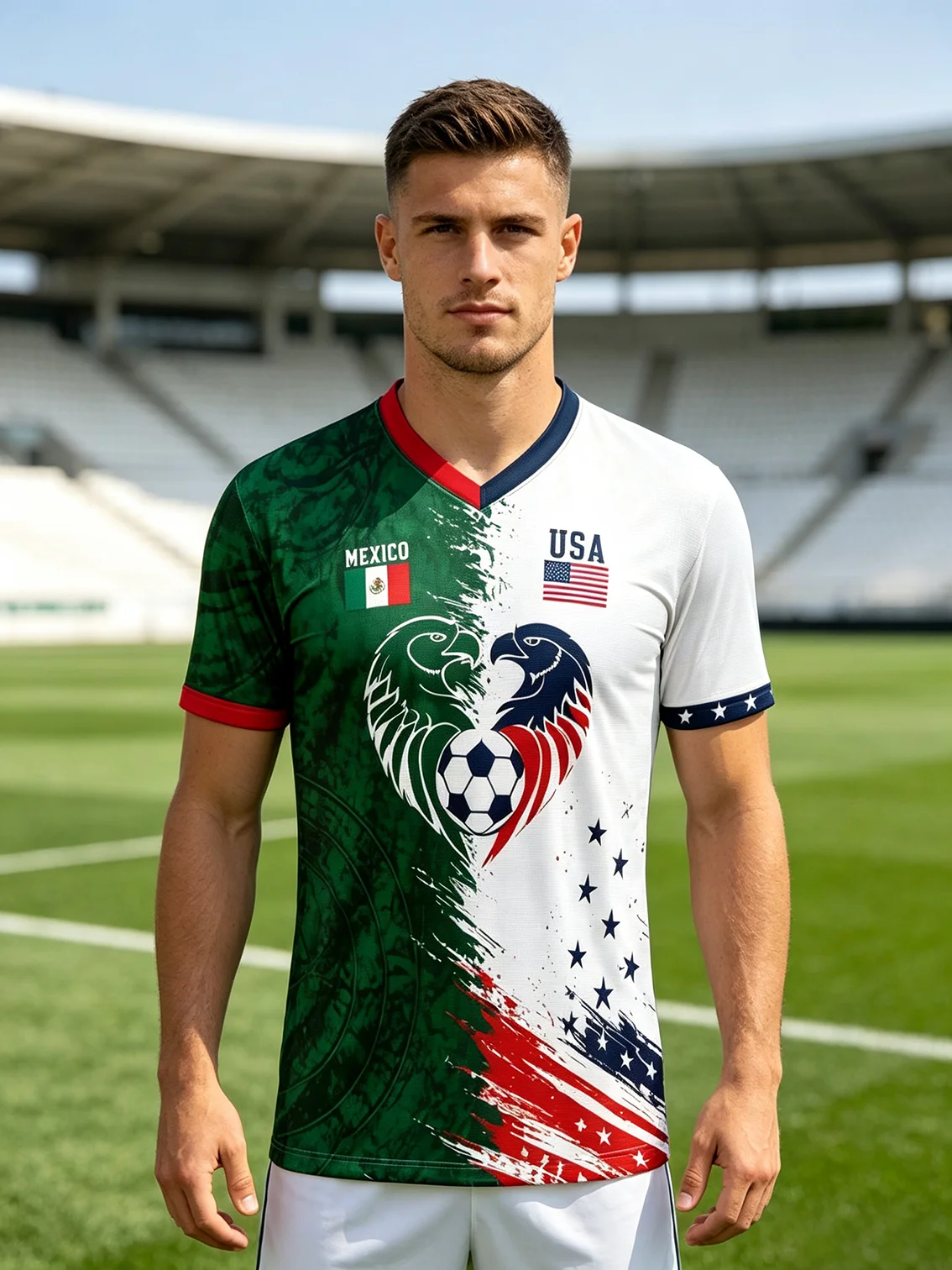 Men's Mexico United States Flag Print Football Top, Breathable Light‑Weight Sports Tee