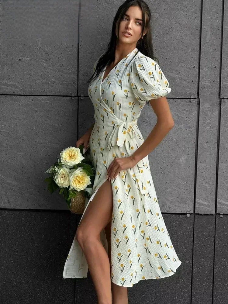 

Summer Women's Light Long Dress 100% Cotton A-line Midi Dresses With Side Slits Flowers Printed Elegant Beige Dress For Women