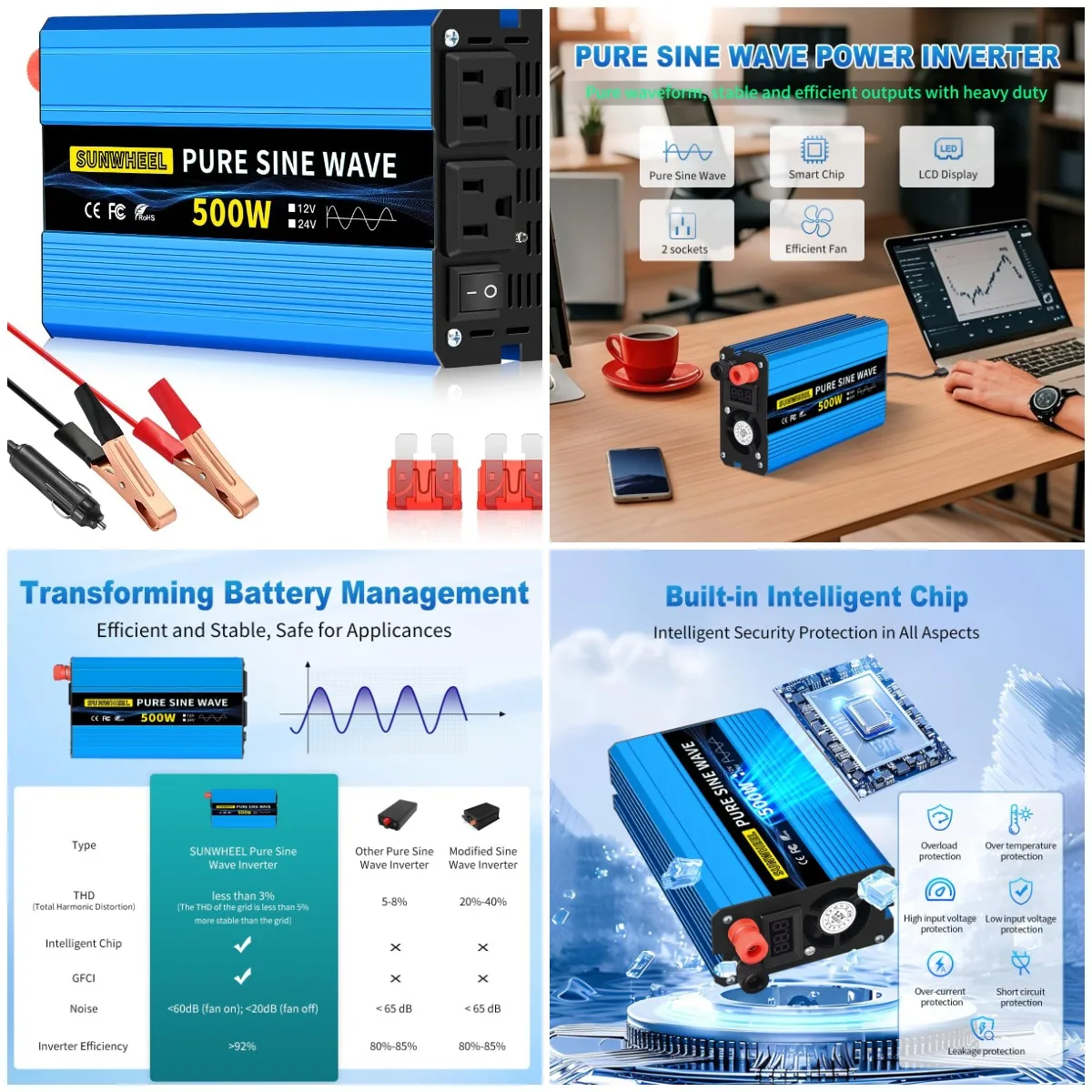 

Инвертор чистой синусоиды мощностью 500 Вт, автомобильный инвертор переменного тока от 12 В до 110 В/120 В переменного тока с 2 розетками переменного тока и ЖК-дисплеем