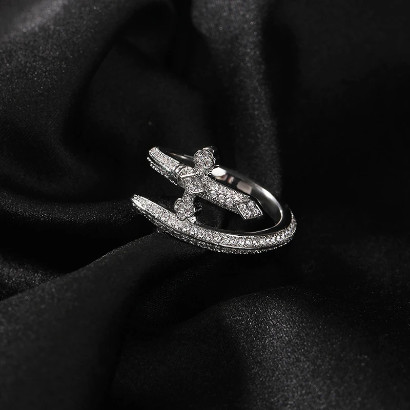 Hip Hop 5A+ CZ Stone Paved Bing Iced Out Sword of Justice Rings for Men Women Unisex Rapper Jewelry Gold Silver Black Color