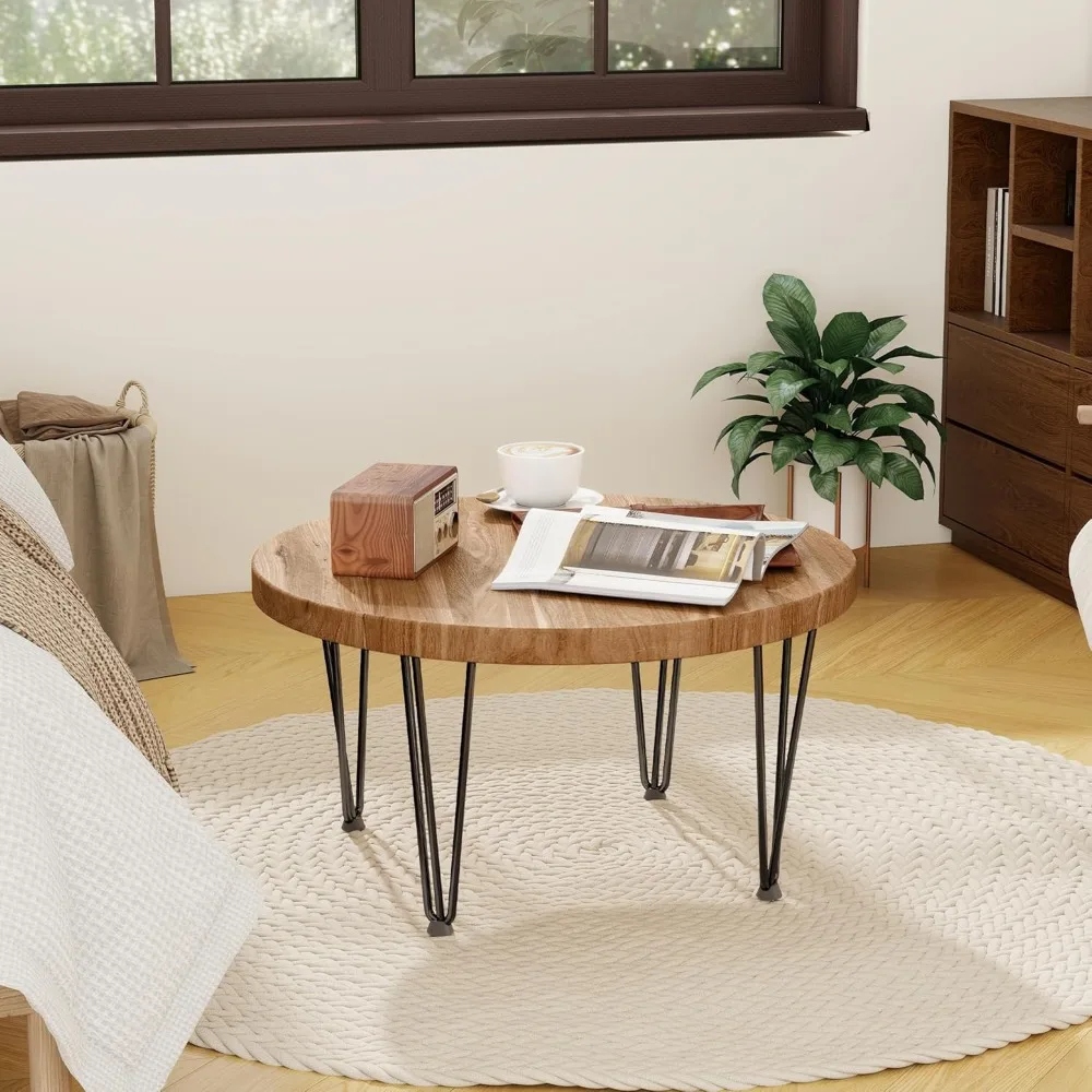 Round Coffee Table - Elm Wood Nesting Table with Metal Legs & Non Slip Feet Base - Rustic Nesting End Tables for Living Room Be