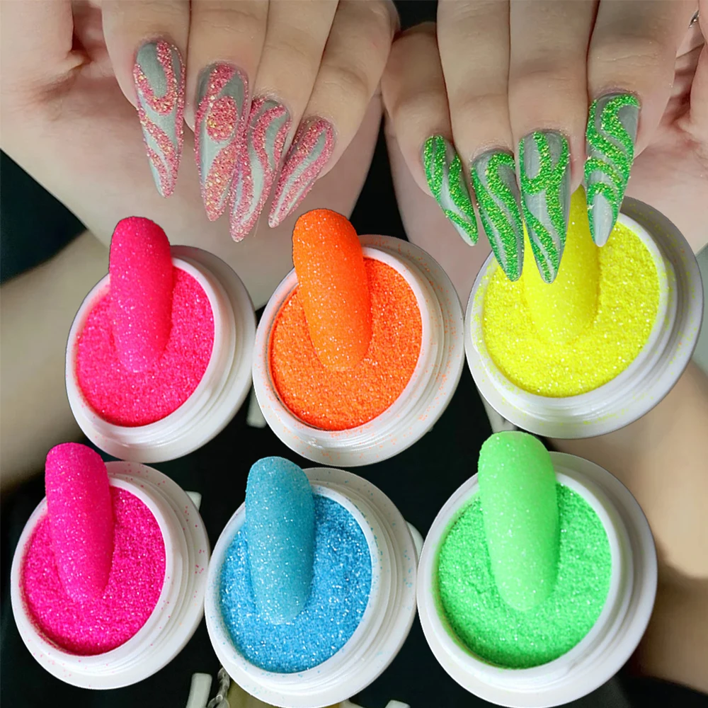 6Color Sugar Sand Neon Nail Art Glitter Powder 6Jar Shiny Effect Candy Fluorescent Pigment Dust DIY Gel Polish Manicure Decora*