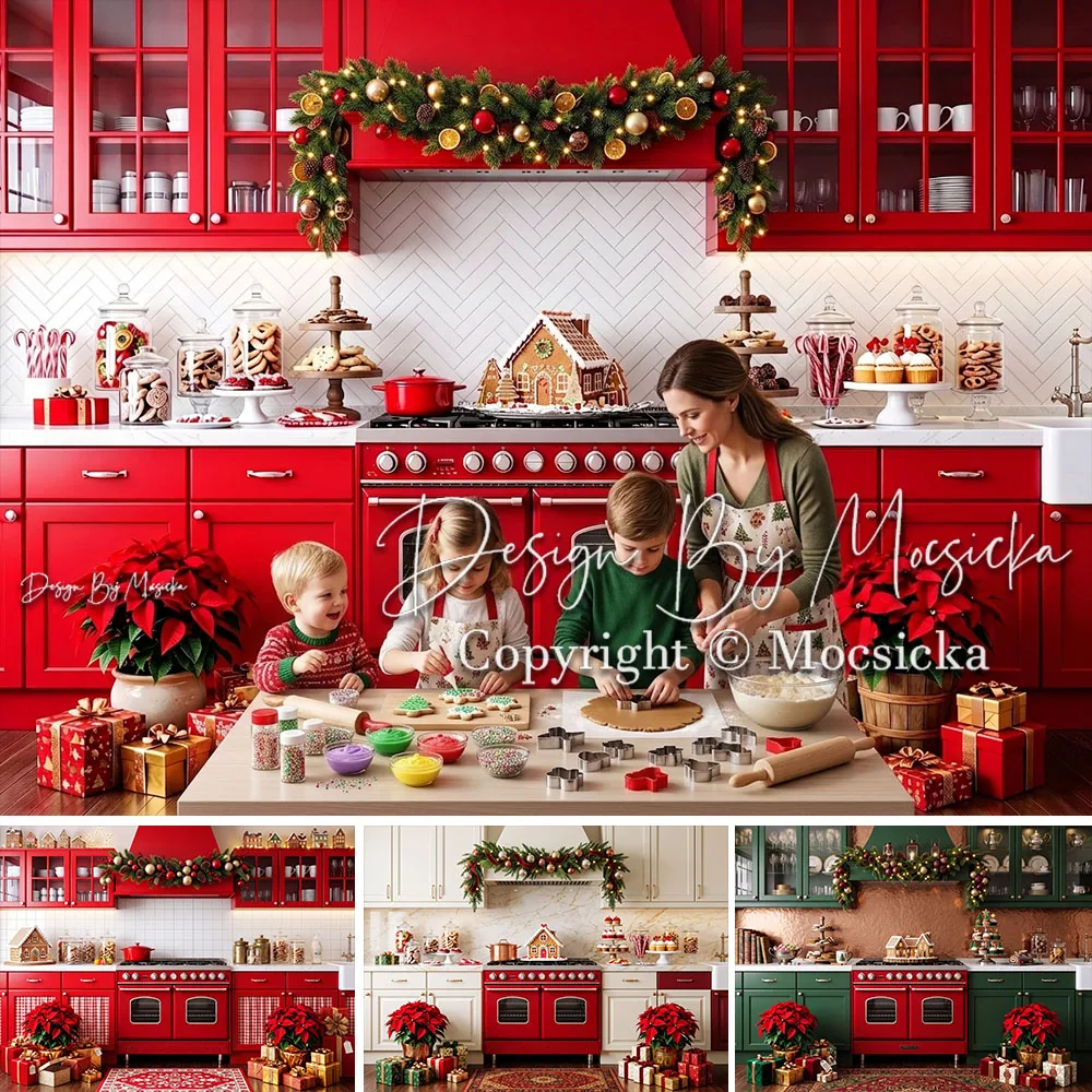 Mocsicka Hintergrund für Fotografie, Weihnachten, rote Küche, Lebkuchenhaus, Girlande, Weihnachts-Familien-Fest, Studio-Fotoshooting