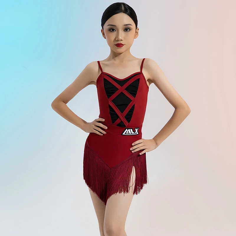 Rot Latin Dance Anzug Neue Mädchen Cha Cha Samba Bühne Kostüm Fringe Rock Sommer Sling Kleid Kinder Dance Performance Tragen AMY2081