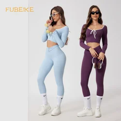 FUBEIKE Sexy Round Neck High Waist Nude Feel Quick-Drying Long Sleeve Yoga Wear Running Sports Clothes Suit Leggings Workouts