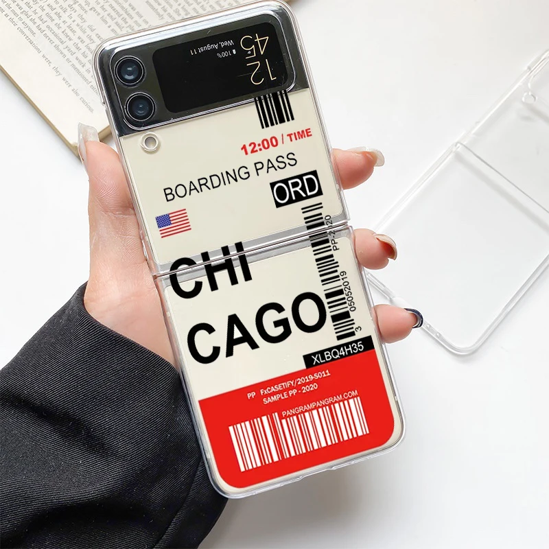 World City Travel Ticket New York London Label Phone Case For Samsung Z Flip 3 4 5 6 fold Hard PC For Galaxy Z Flip 3 5 6 Cover