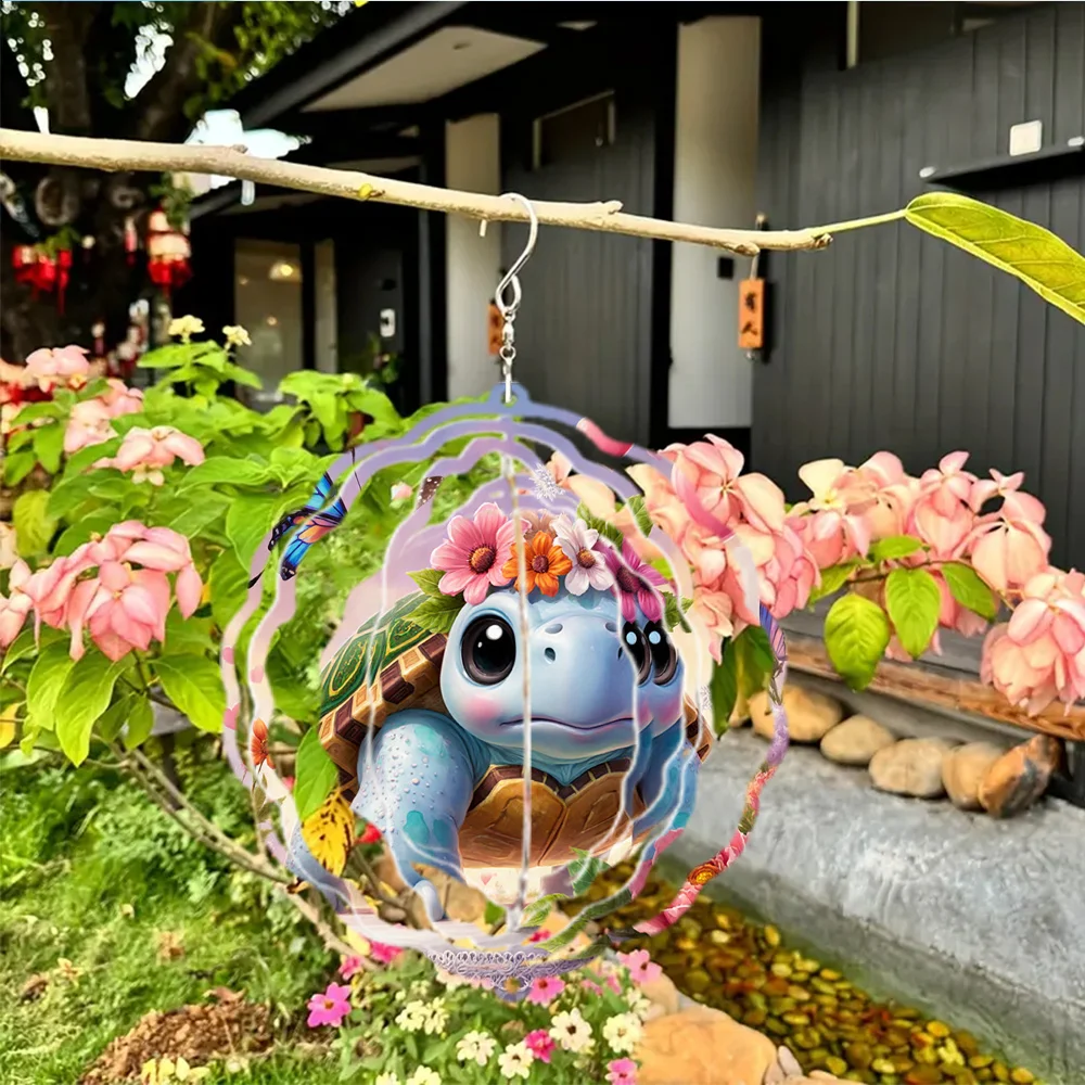 3D 1pc Blue Turtle Flower Crown Dreamy Pattern Wind Chime, Beautiful and Romantic Style, Metal 3D Spinning Wind Chime