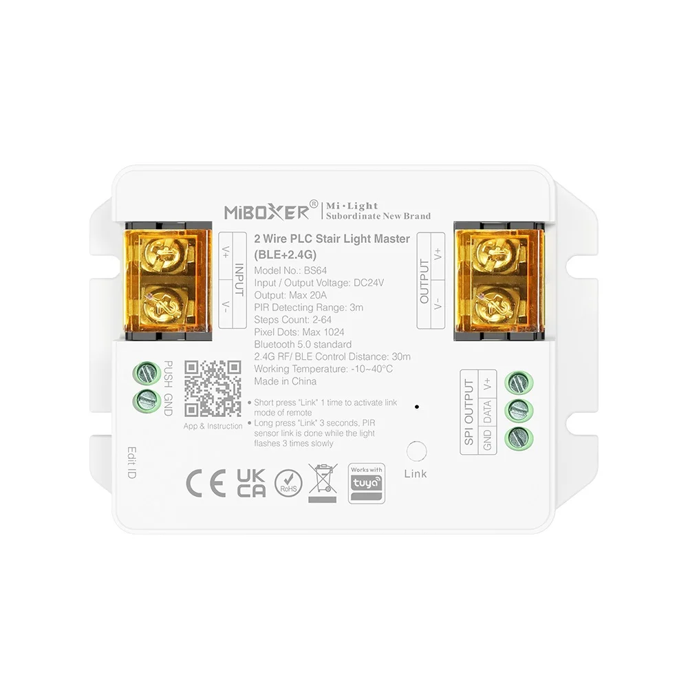 

Miboxer BS64 2 Wire PLC Stair Light Master 2.4G Bluetooth Control Supports Up To 64 Stairs SPI DC24V 480W 20A Tuya Smart App