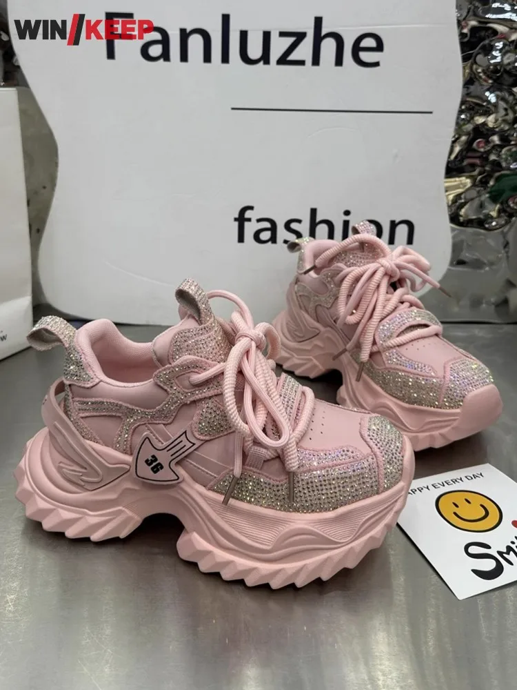 Thick Soled Womens Height Increasing Comfortable Sports Shoes Running Shoes Outdoor Jogging Sports Shoes Shiny Diamonds Sneakers