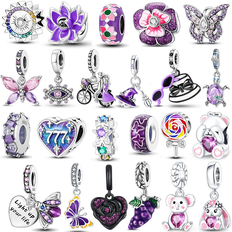 925 Sterling Silver Purple Murano Bead Pansy Flower Dangle Charm Fit Original Brand Bracelet and Necklace 925 Jewelry