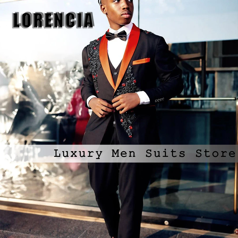 

Мужские костюмы с блестящей аппликацией, комплект из 3-х предметов, смокинги контрастного цвета, свадебная вечеринка, блейзер для жениха, брюки по индивидуальному заказу, жилет, trajes para hombre