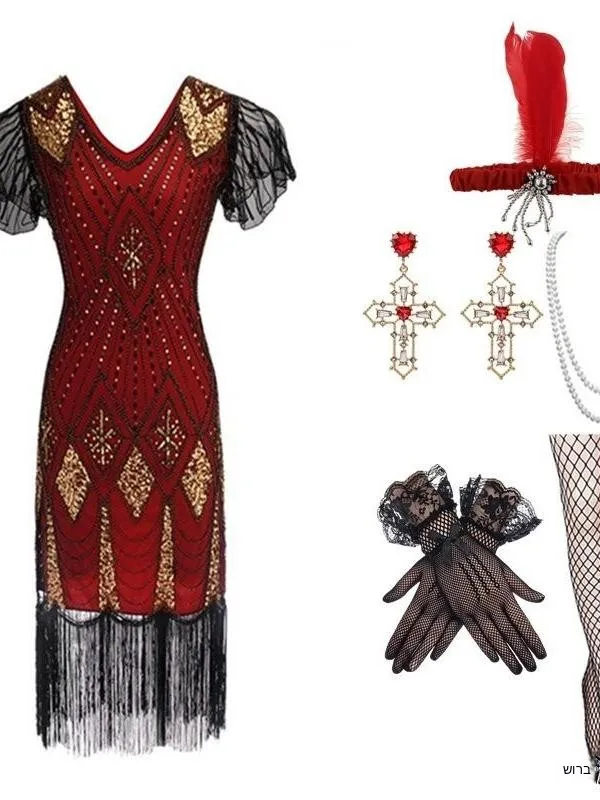 Handmade Beaded Fringe Dress Large Size Retro 1920S Glitter Dress Gatsby Set Women's Ethnic Costume Stage Performance Dress
