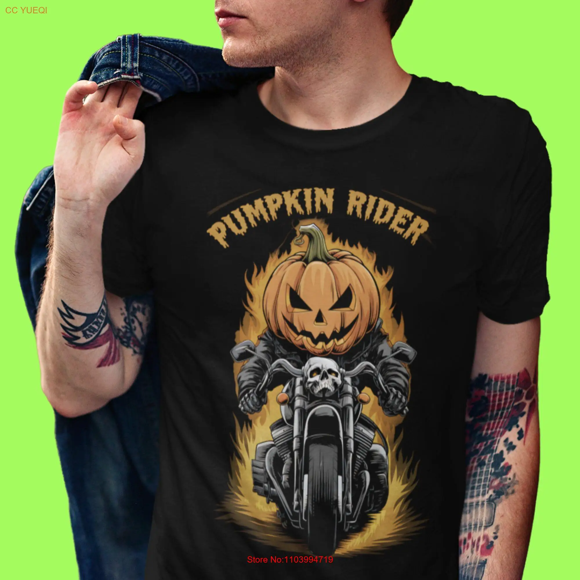 Pumpkin Rider T Shirt Halloween Motorcycle Funky Rocker Scary Bachelor Art 90S long or short sleeves