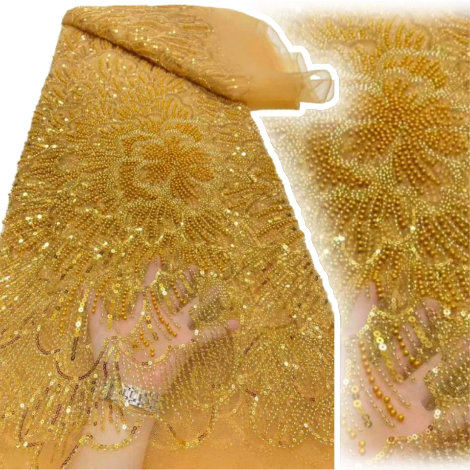 

African Brown Beaded Sequins Lace Fabrics Royal Blue Beads Tulle Lace Fabric Embroidered Lace Fabrics for Sewing 5 Yards AH1345